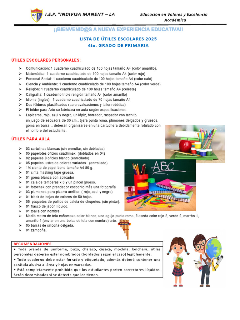 Lista de Útiles Escolares 4to Primaria 2025 | PDF | Tecnicas artisticas