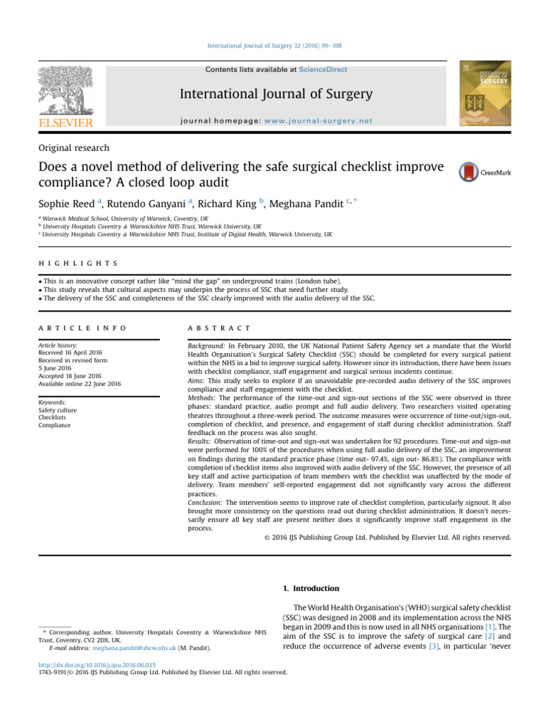 Improving Surgical Checklist Compliance | PDF | Surgery | National ...