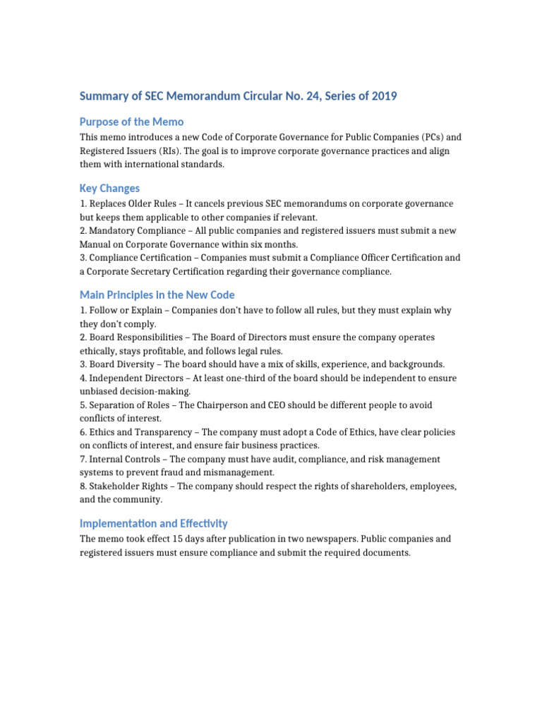 SEC Memo Circular 24: Governance Code Summary | PDF