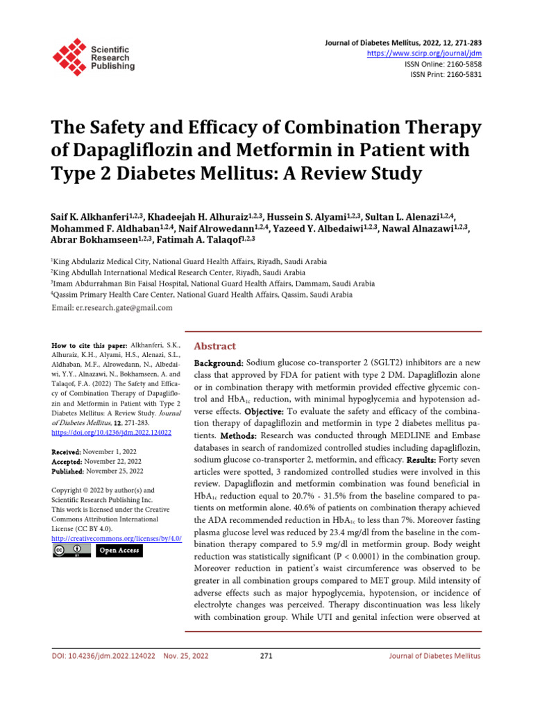 The Safety and Efficacy of Combination Therapy of Dapagliflozin and