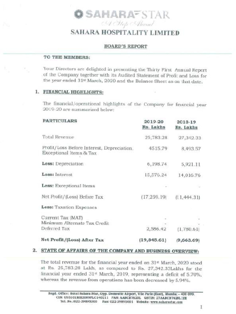 Sahara Hospitality Annual Report 2023-24 | PDF | Audit | Securities ...
