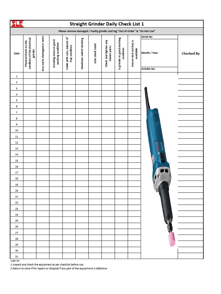 Grinder Inspection Checklist | PDF | Equipment | Tools