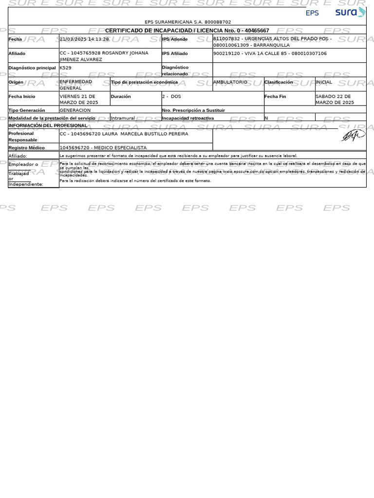 Certificado de Incapacidad EPS Sura | PDF