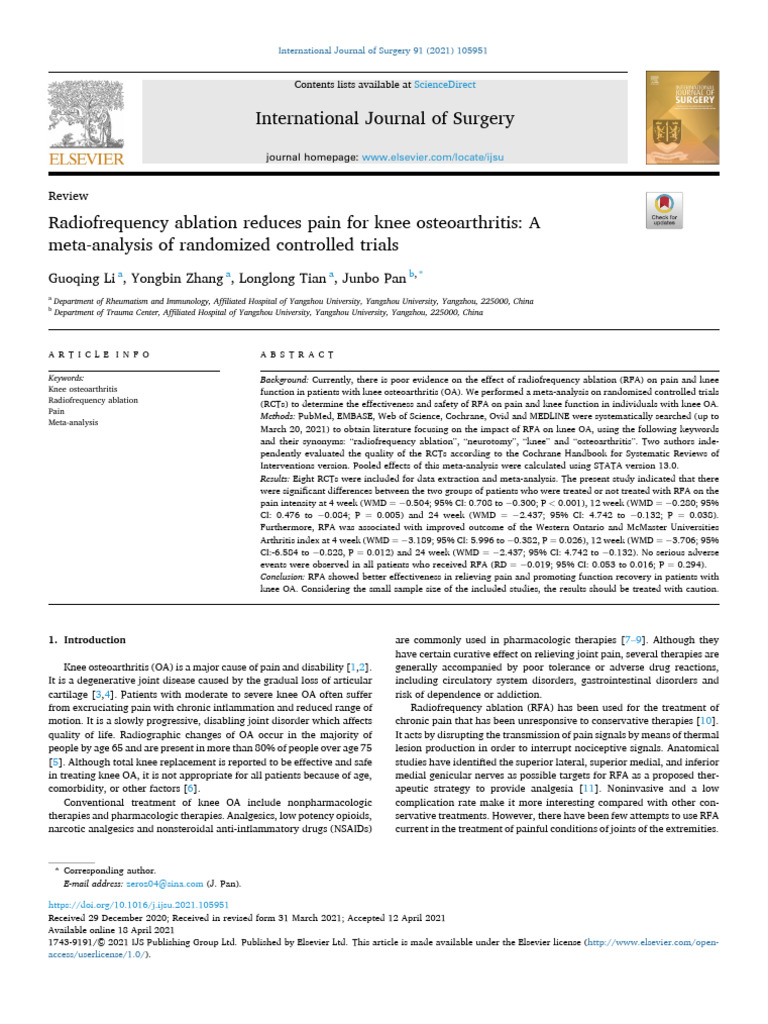 Radiofrequency Ablation Reduces Pain For Knee Osteoarthritis A Meta ...