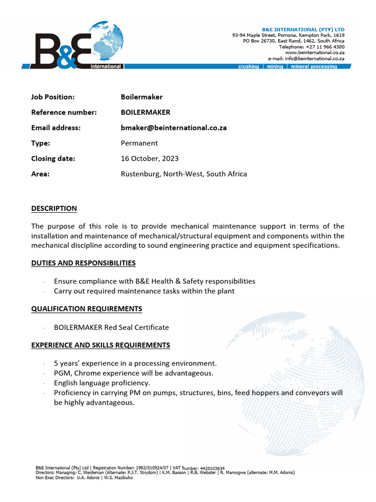Boilermaker Vacancy at B&E International | PDF
