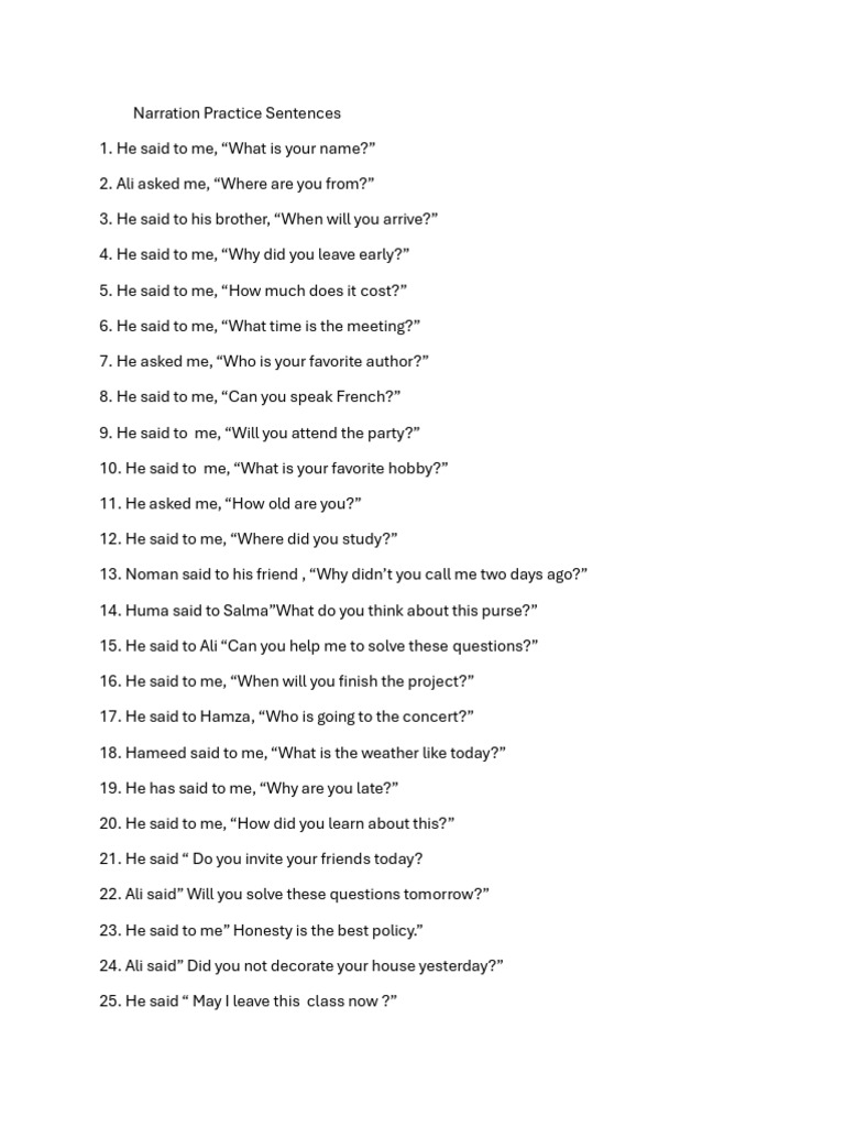 20 Narration Practice Sentences | PDF