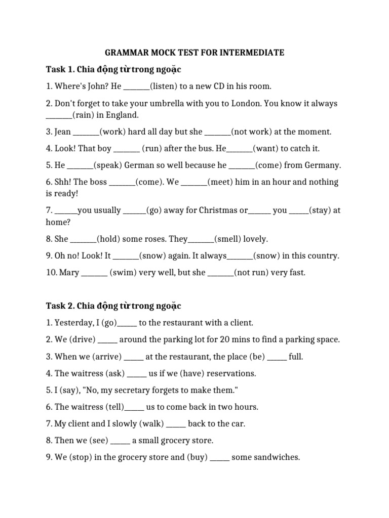 Intermediate Grammar Mock Test | PDF