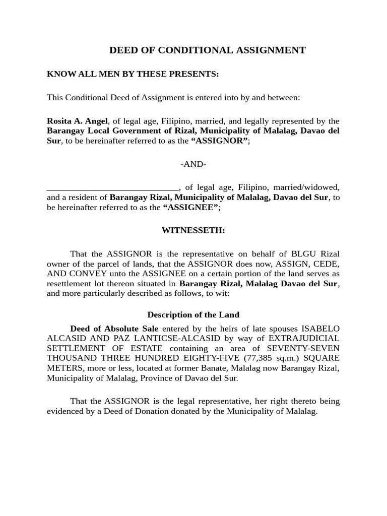 DEED-OF-CONDITIONAL-ASSIGNMENT-Rizal | PDF | Assignment (Law) | Legal ...