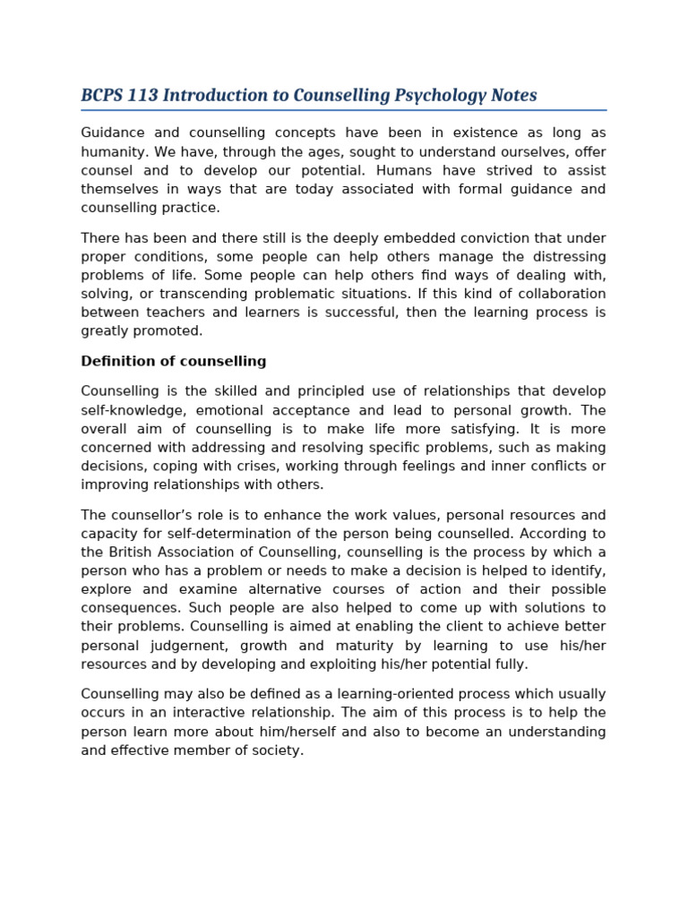 Intro to Counselling Psychology Notes | PDF | Psychotherapy ...