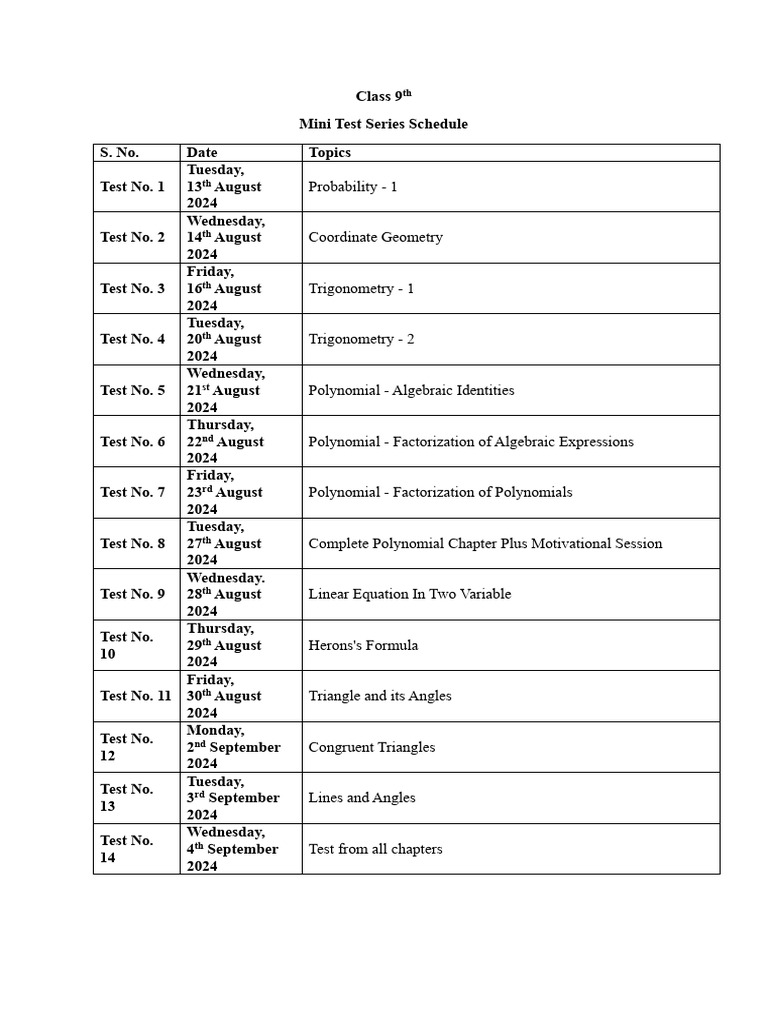 9th Class Mini Test Schedule 2024 | PDF