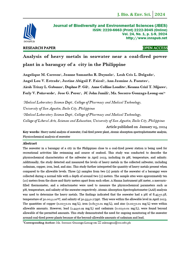 Heavy Metal Analysis in Seawater Near Power Plant | PDF | Cadmium ...