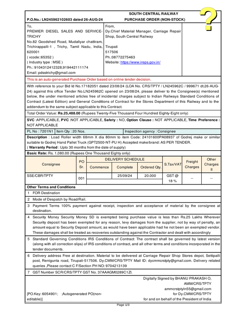 Purchase Order for Load Rollers | PDF | Value Added Tax | Taxes