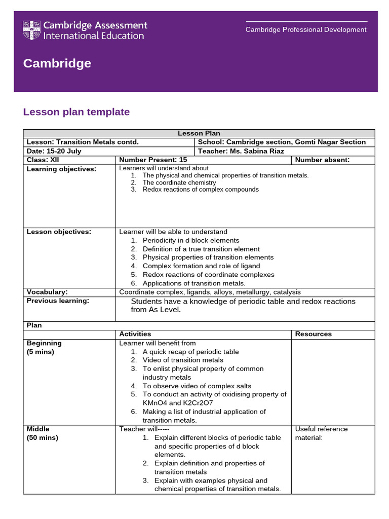 Transition Metals Lesson Plan for XII | PDF | Transition Metals ...