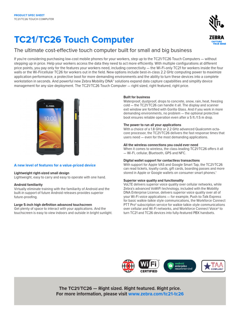 tc21 tc26 Spec Sheet en Us | PDF | Ieee 802.11 | Barcode