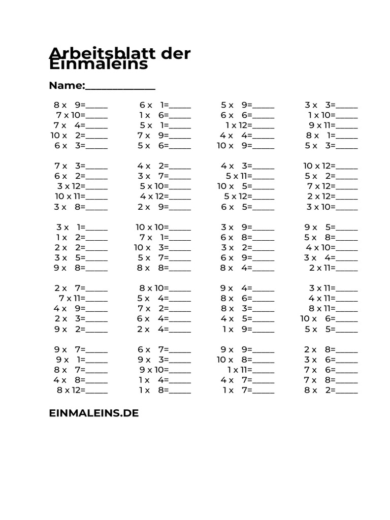 Einmaleins Üben Mit Arbeitsblättern Zum Ausdrucken | PDF