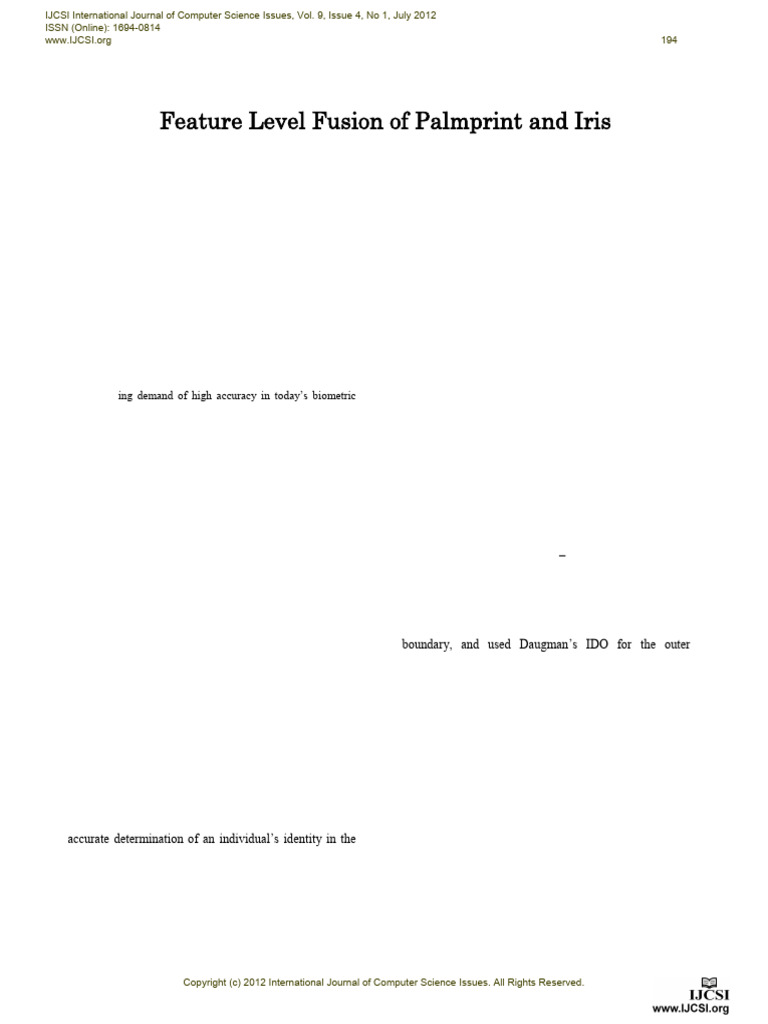 Fusion of Palmprint and Iris Biometrics | PDF | Biometrics | Fingerprint