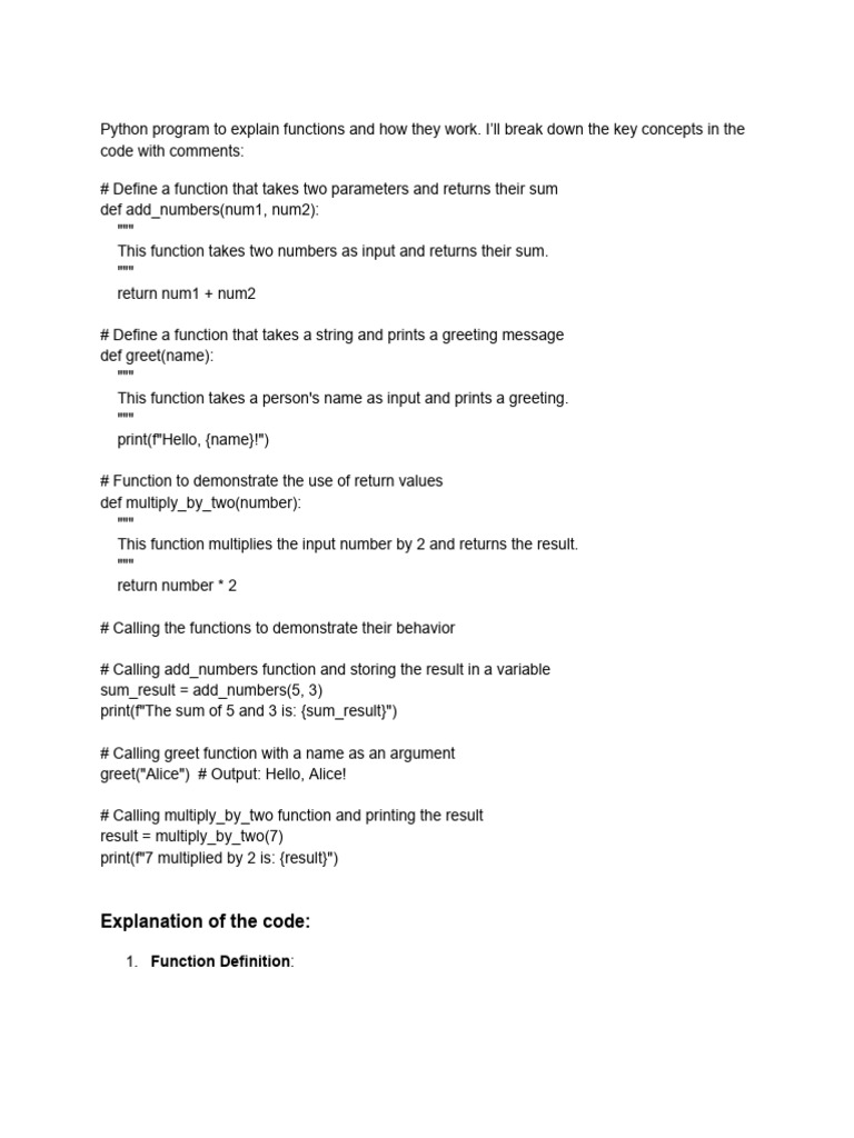 Explanation of The Code:: Function Definition | PDF