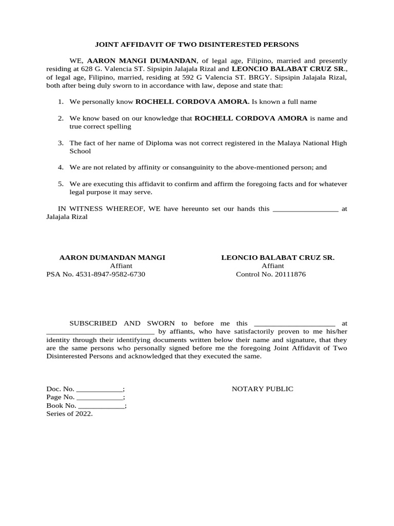 JOINT AFFIDAVIT OF TWO DISINTERESTED PERSONS | PDF