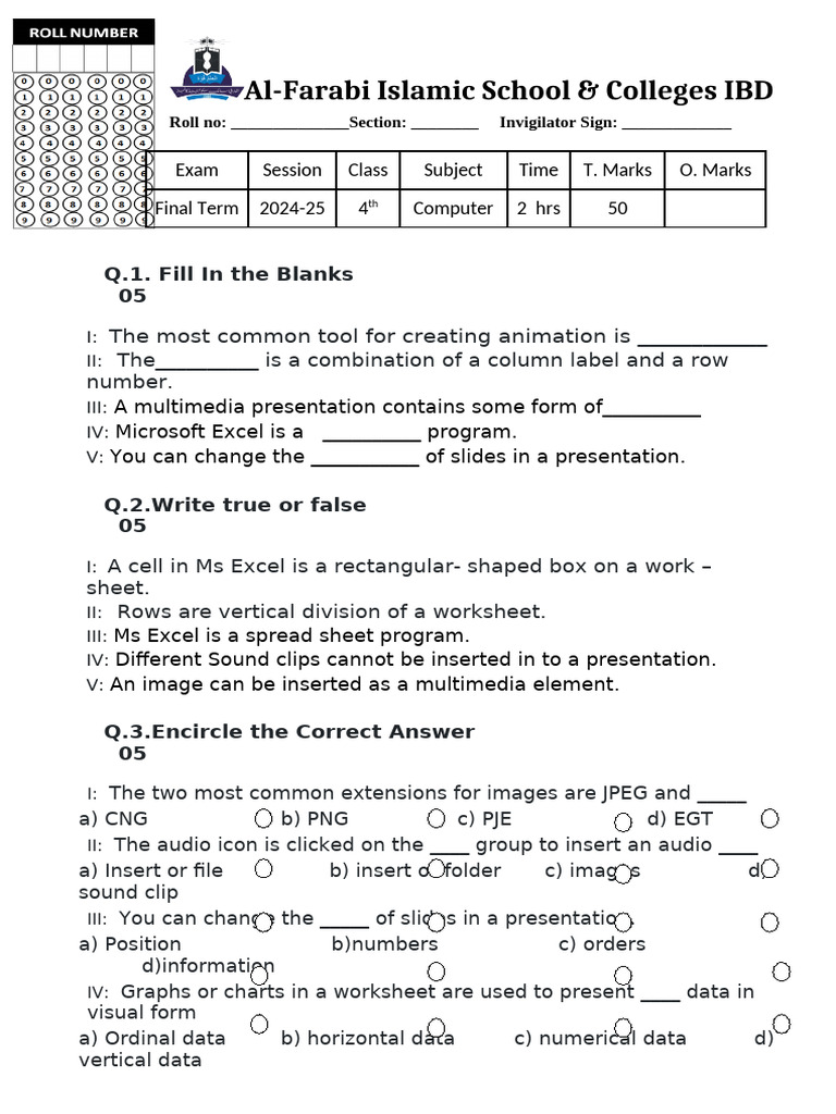 Computer Basics Exam for 4th Grade | PDF