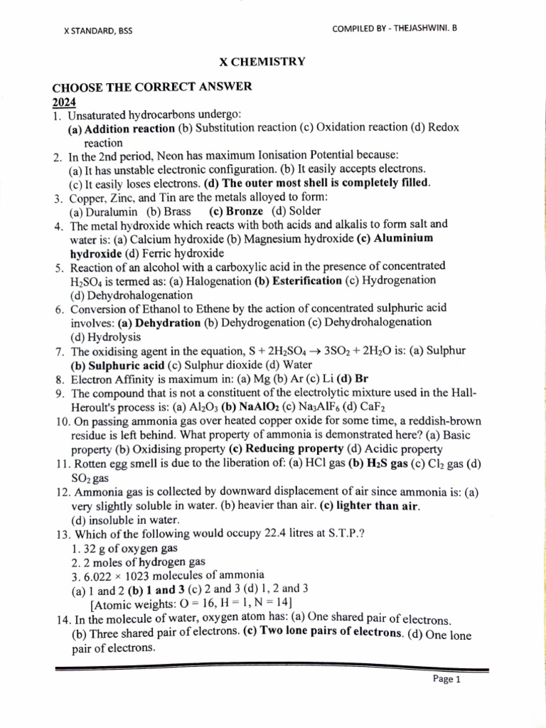 Chemistry Multiple Choice Questions 2024 | PDF | Salt (Chemistry) | Oxide