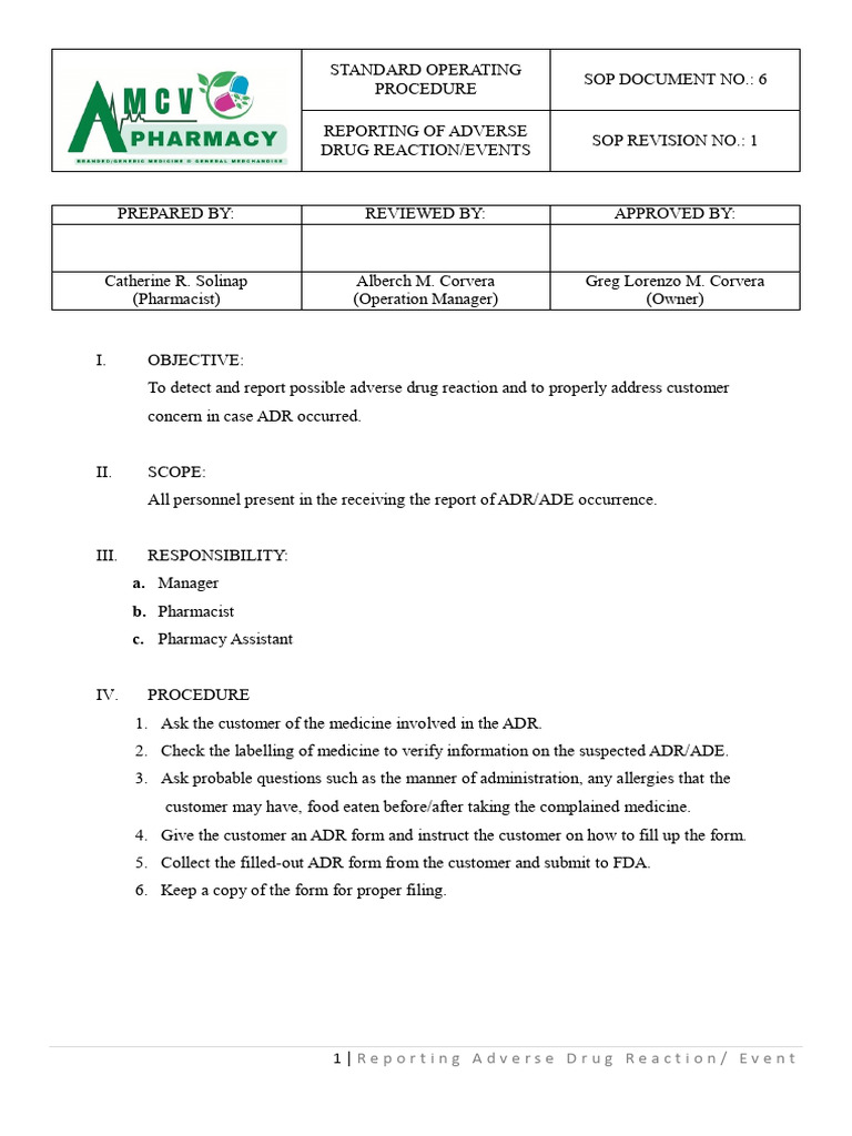Adverse Drug Reaction Reporting SOP | PDF