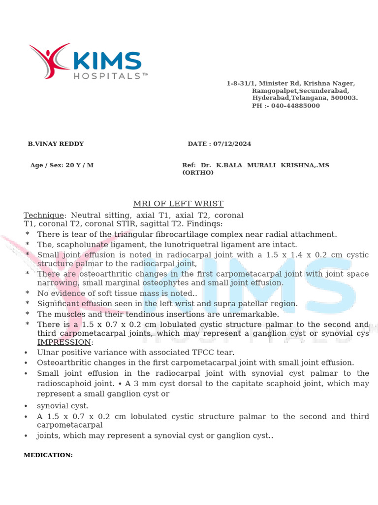 MRI Report: Left Wrist Findings | PDF