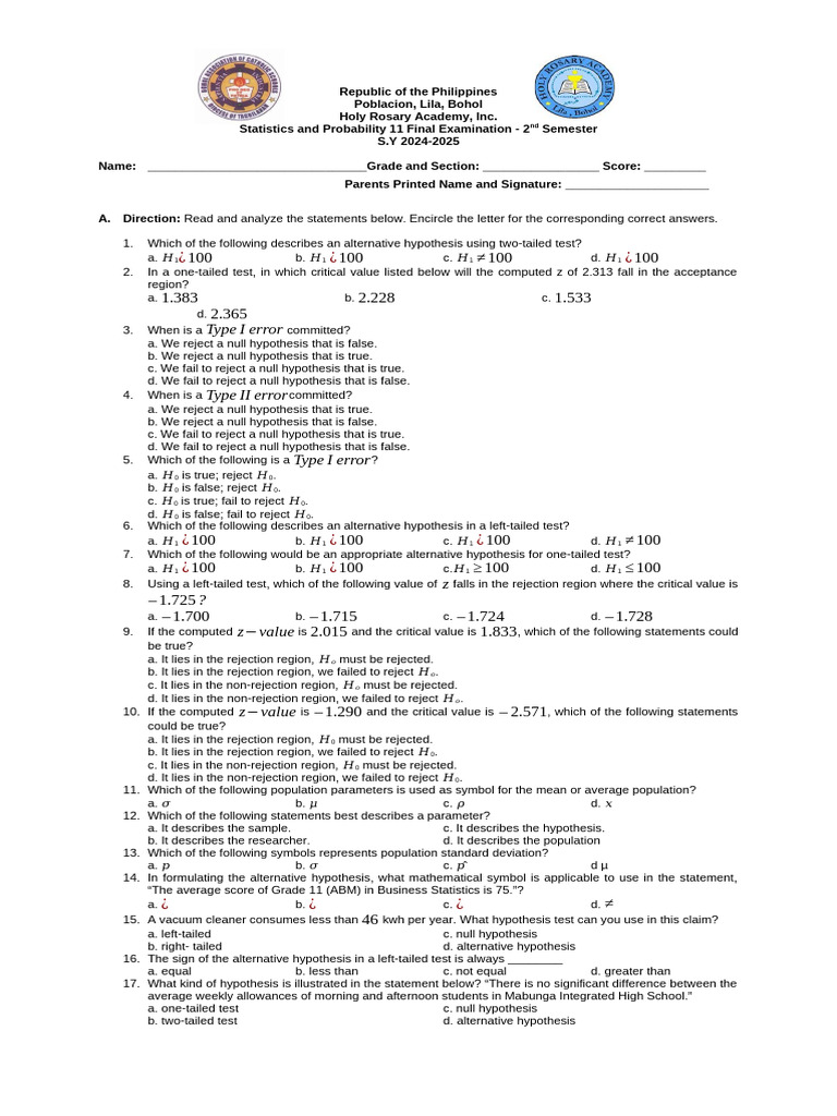 Statistics and Probability Exam Questions | PDF | Student's T Test ...