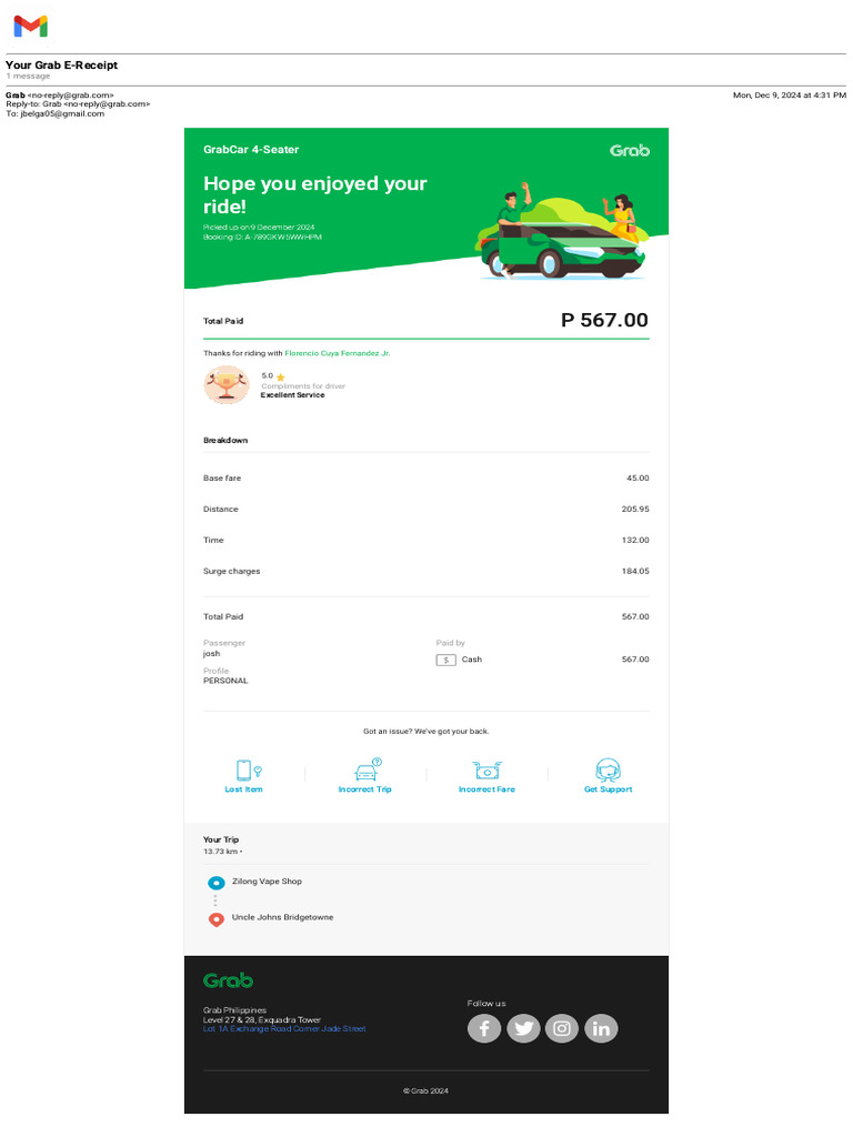 Dec.9 Gmail - Your Grab E-Receipt | PDF | Public Transport | Transport