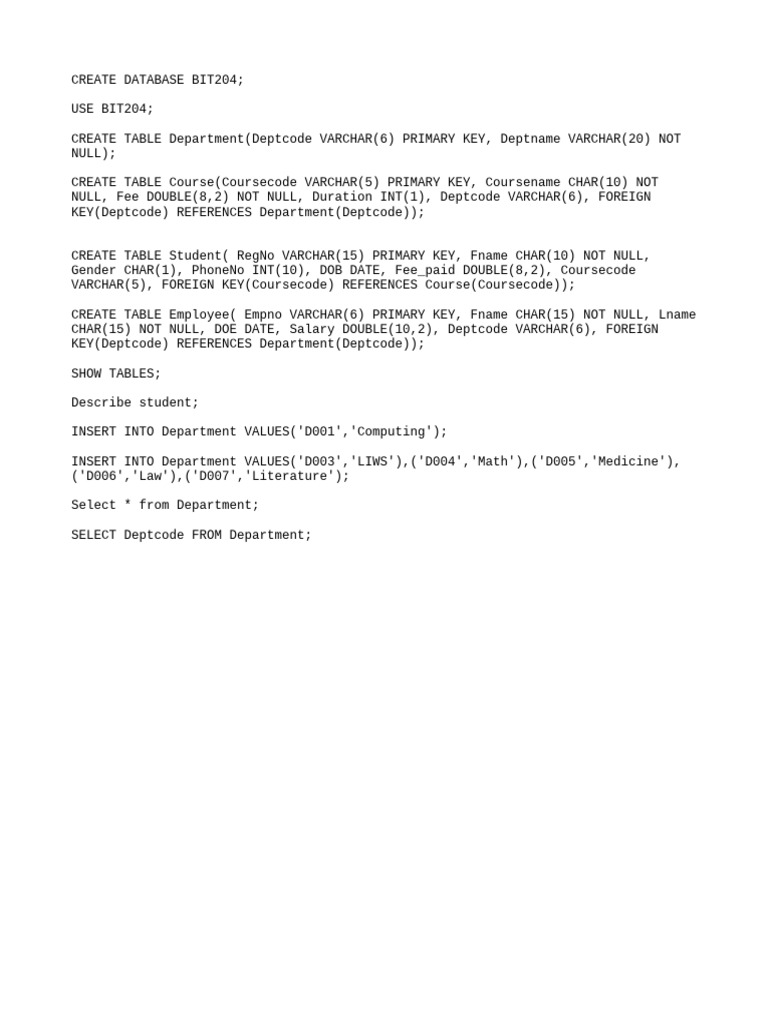 SQL Database Creation and Structure | PDF
