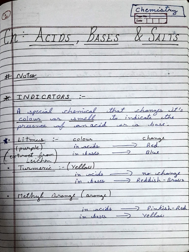 Class 10 Handwritten Notes: Acids & Bases | PDF | Molecular Physics ...