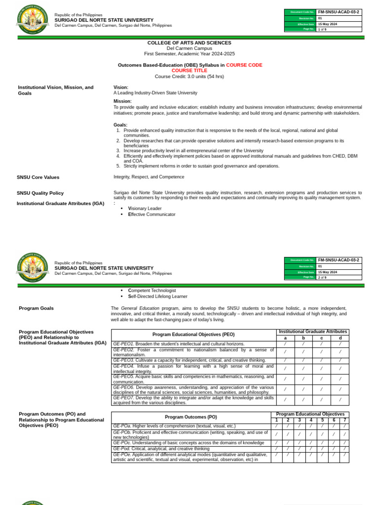 OBE Syllabus for CHEM 3/3L Course | PDF | Learning | Knowledge