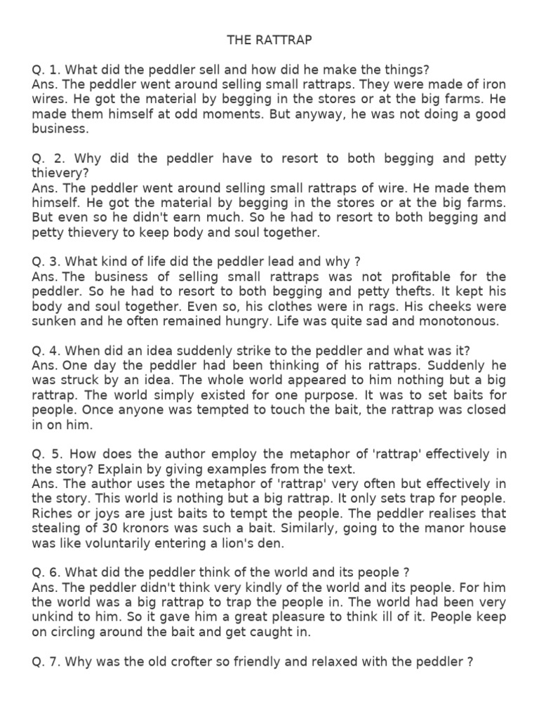 Rattrap Class 12 Summary Analysis Pdf