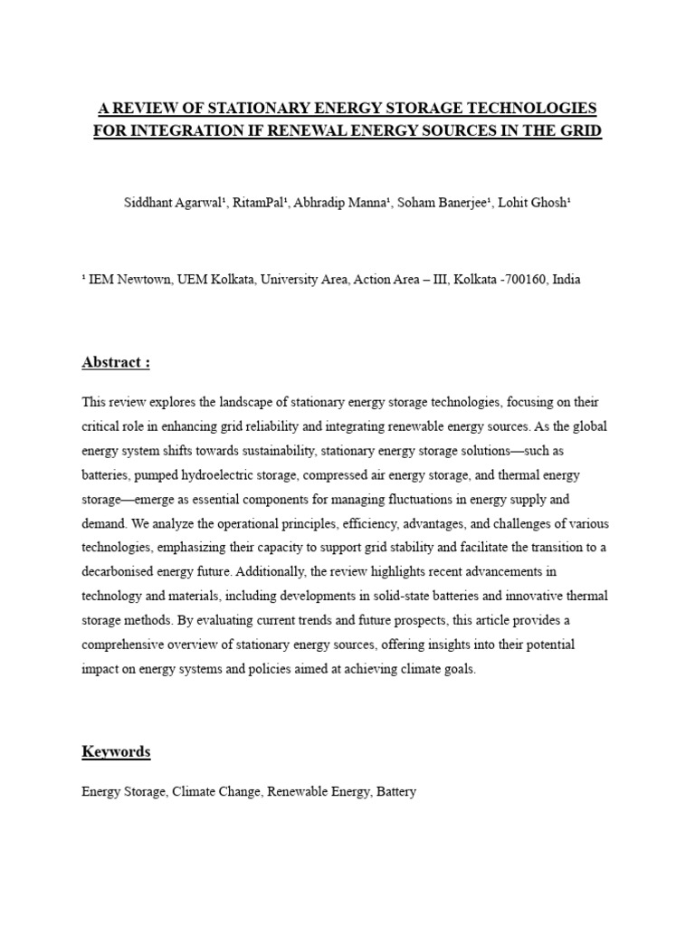 A Review of Stationary Energy Storage Technologies For Integration If ...
