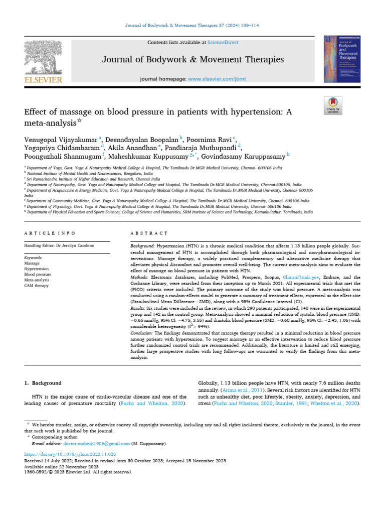 Massage Therapy's Impact on Hypertension | PDF | Meta Analysis | Blood ...