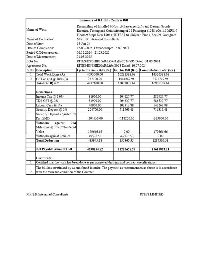 2nd RA Bill for Lift Installation Project | PDF | Elevator