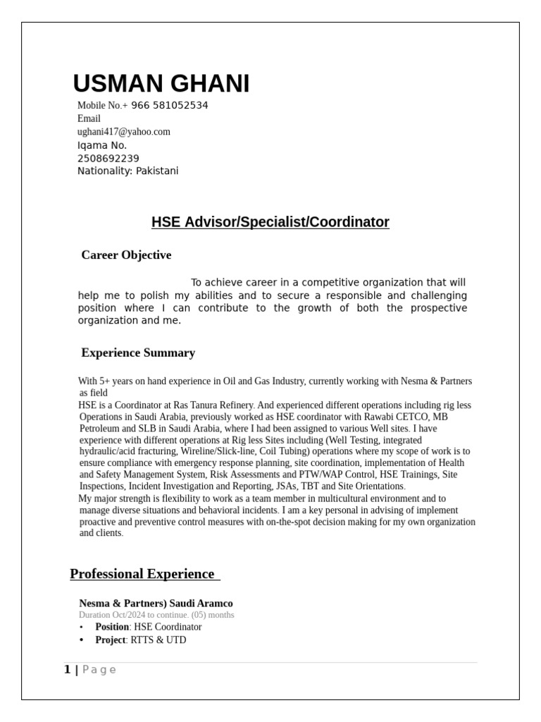 HSE Coordinator Resume - Oil & Gas Expert | PDF | Occupational Safety ...