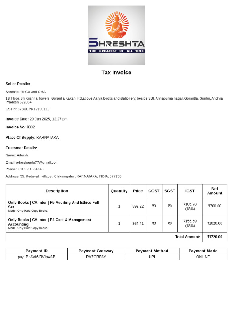 User-Invoices Shreshtaforcacma Adarsh-8332 | PDF