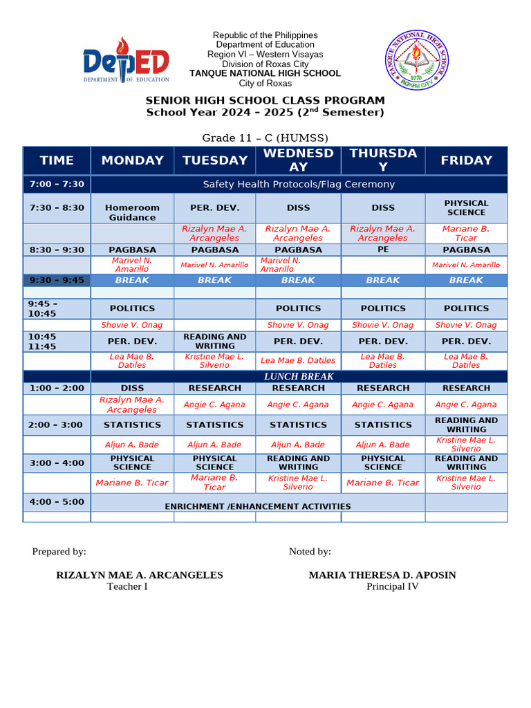 Senior High School Class Program 2024-2025 | PDF