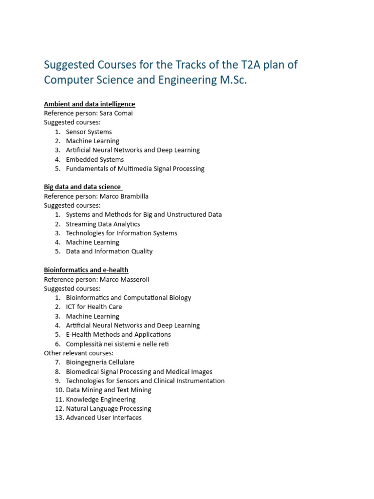 Suggested Courses For The Tracks of The T2A Plan of Computer Science ...