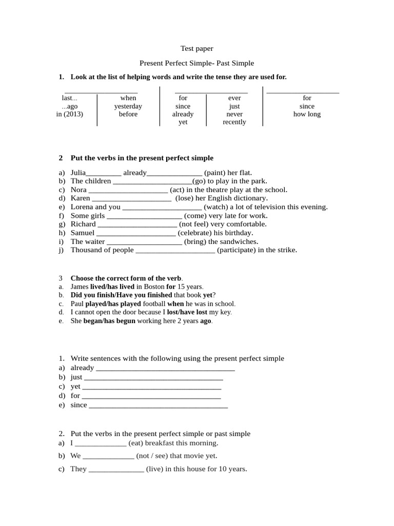 Test Paper Present Perfect Past Simple Pdf Linguistic Typology
