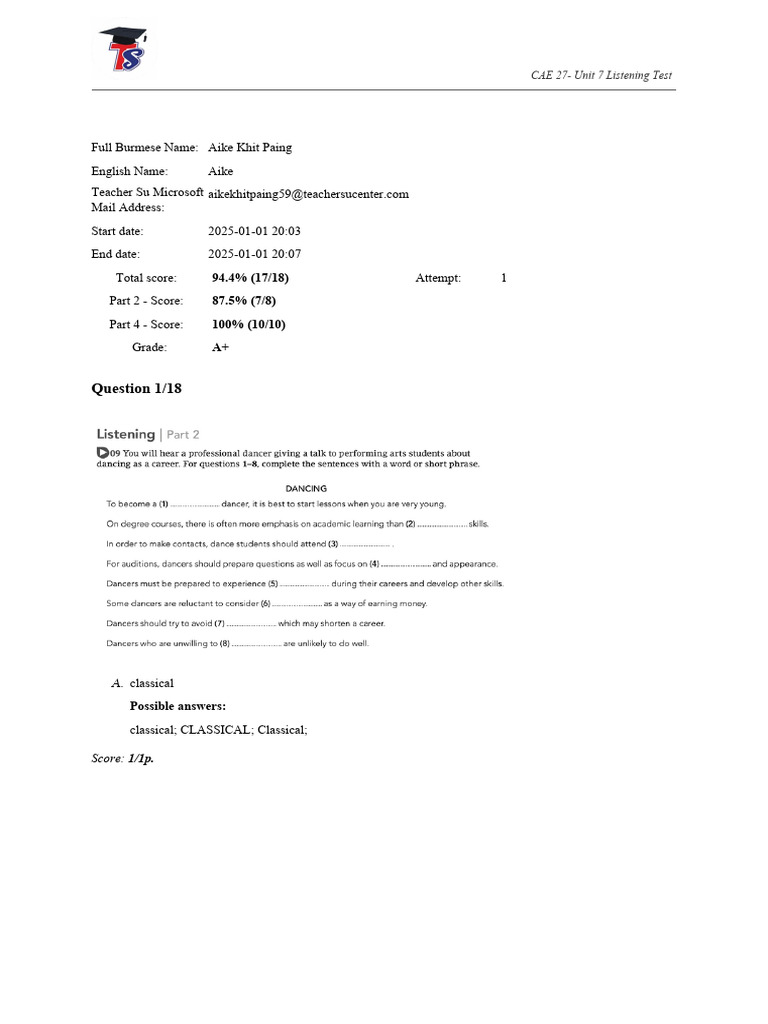 CAE 27 Unit 7 Listening Test Results | PDF