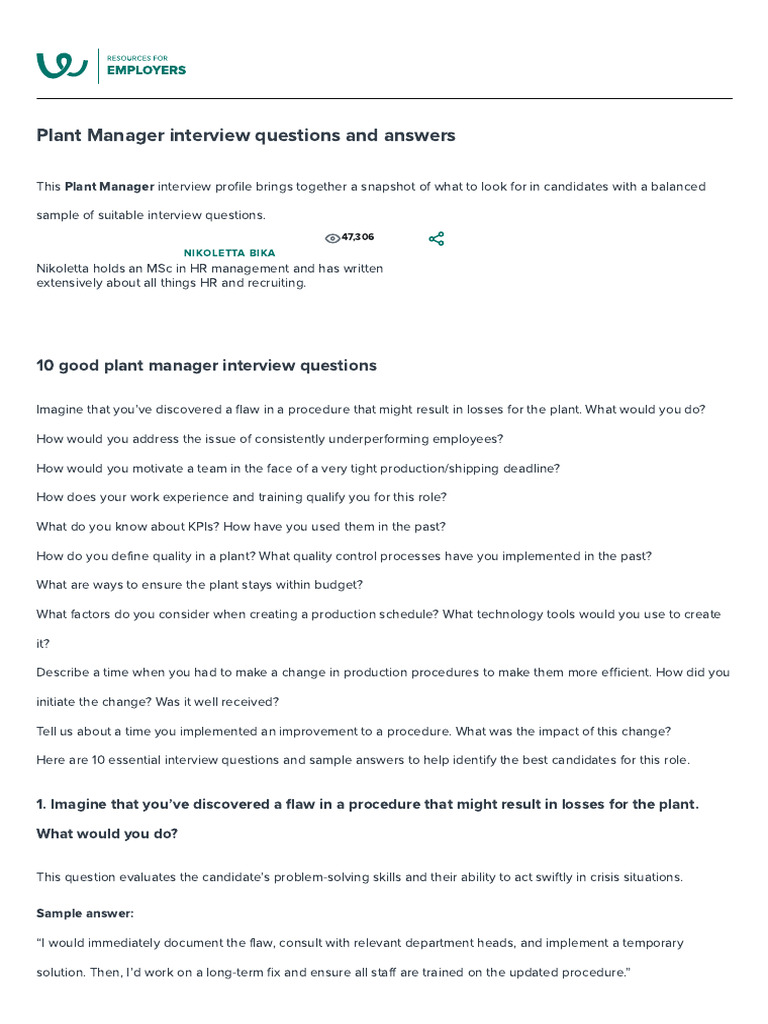 Essential Plant Manager Interview Questions | PDF | Performance ...