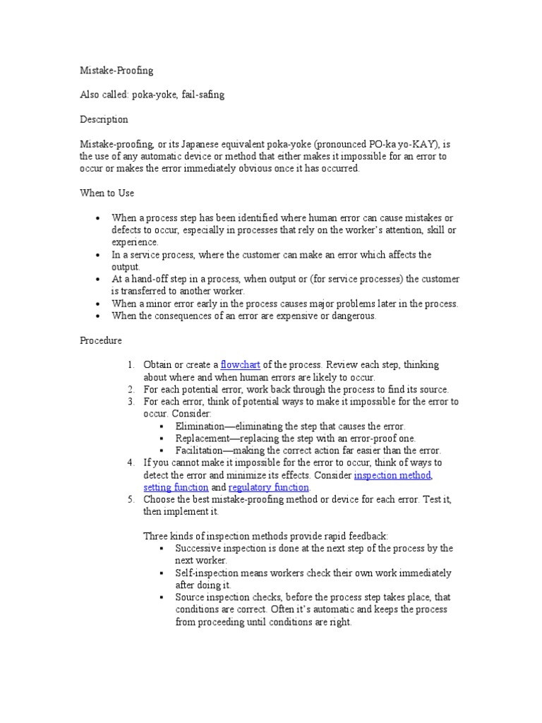 Mistake Proofing Information n Example | Error | Waiting Staff