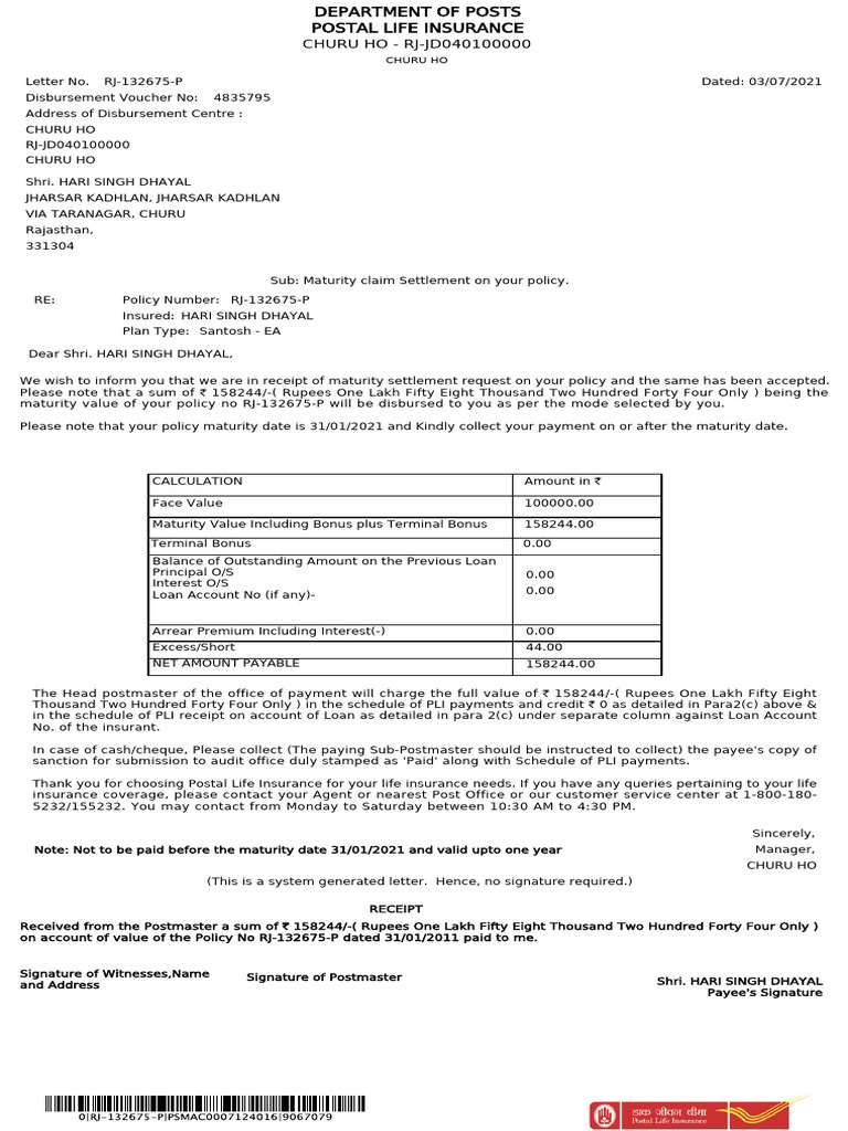 Maturity Claim Settlement for Policy RJ-132675-P | PDF | Life Insurance ...