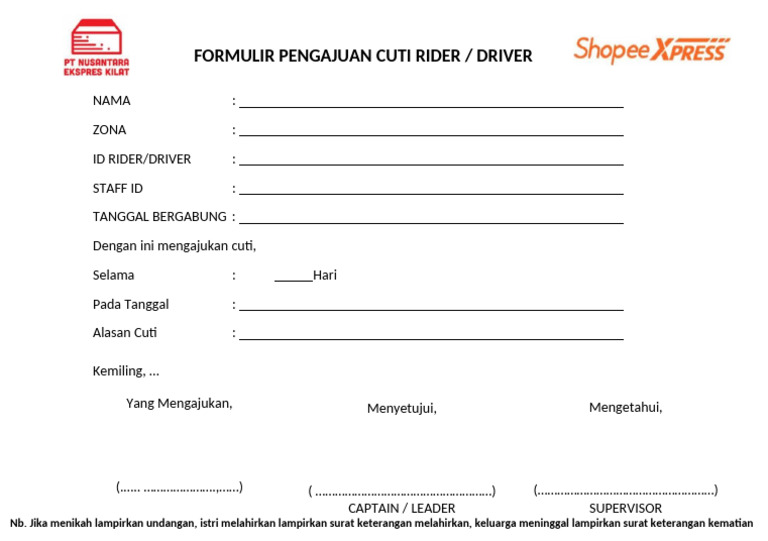 Formulir Pengajuan Cuti Rider/Driver | PDF