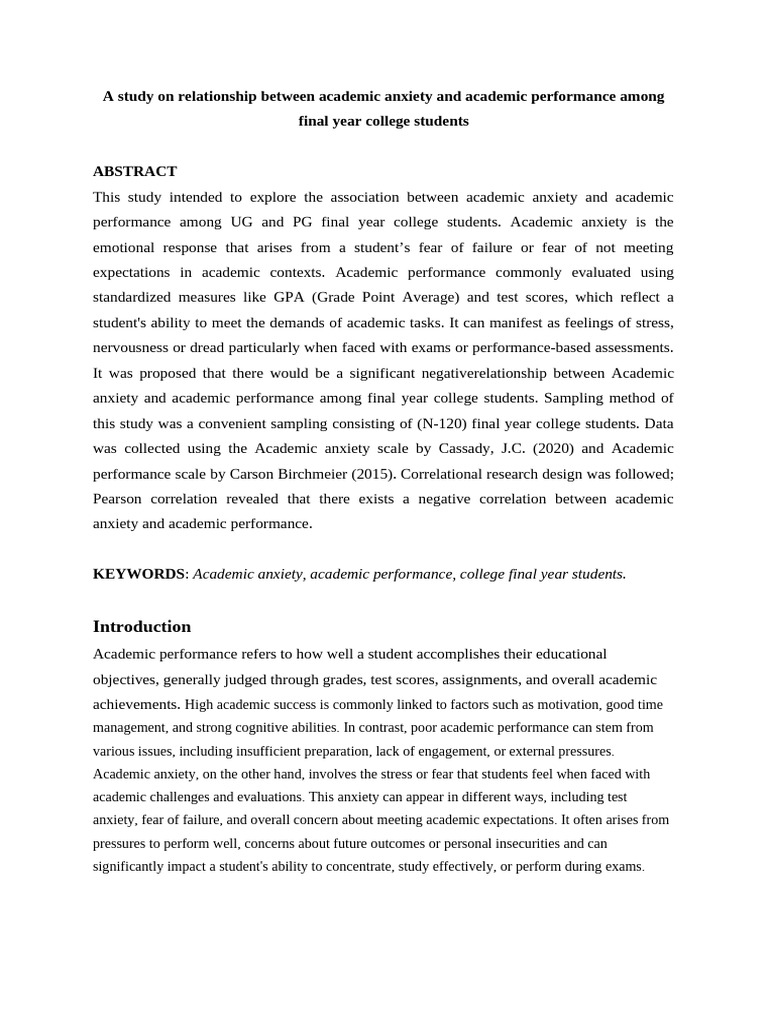 Test-4 a Study on Relationship Between Academic Anxiety and Academic ... - Test Anxiety And Academic Performance