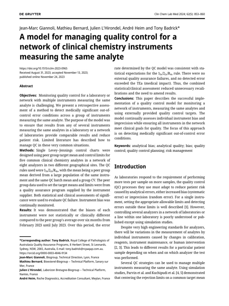 Quality Control Model for Clinical Chemistry | PDF | Standard Deviation