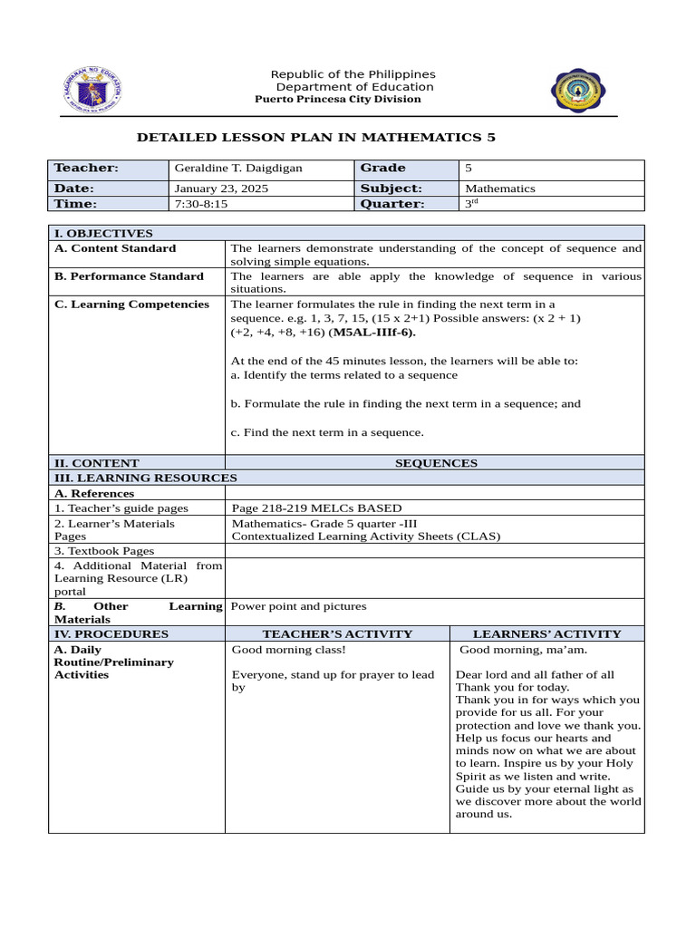 Grade 5 Math Lesson Plan on Sequences | PDF | Learning | Shape