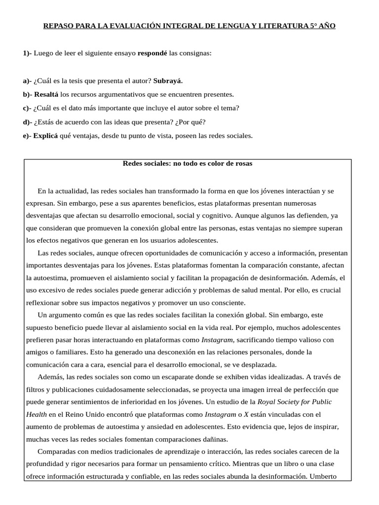 Repaso para La Evaluación Integral de Lengua y Literatura 5 | PDF ...