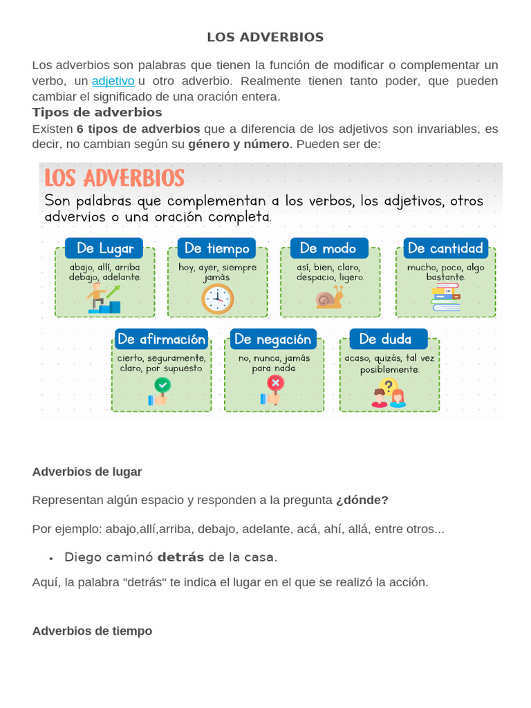 Tipos y ejemplos de adverbios | PDF | Adverbio | Mecánica del lenguaje